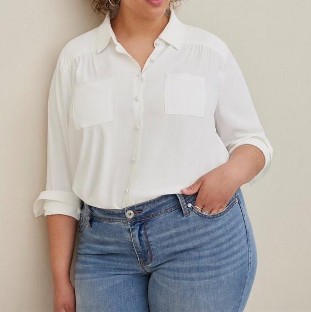 Torrid White Madison Georgette Button-Up Long Sleeve Shirt